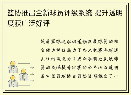 篮协推出全新球员评级系统 提升透明度获广泛好评