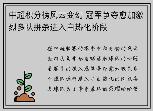 中超积分榜风云变幻 冠军争夺愈加激烈多队拼杀进入白热化阶段