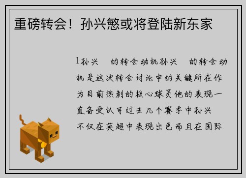 重磅转会！孙兴慜或将登陆新东家